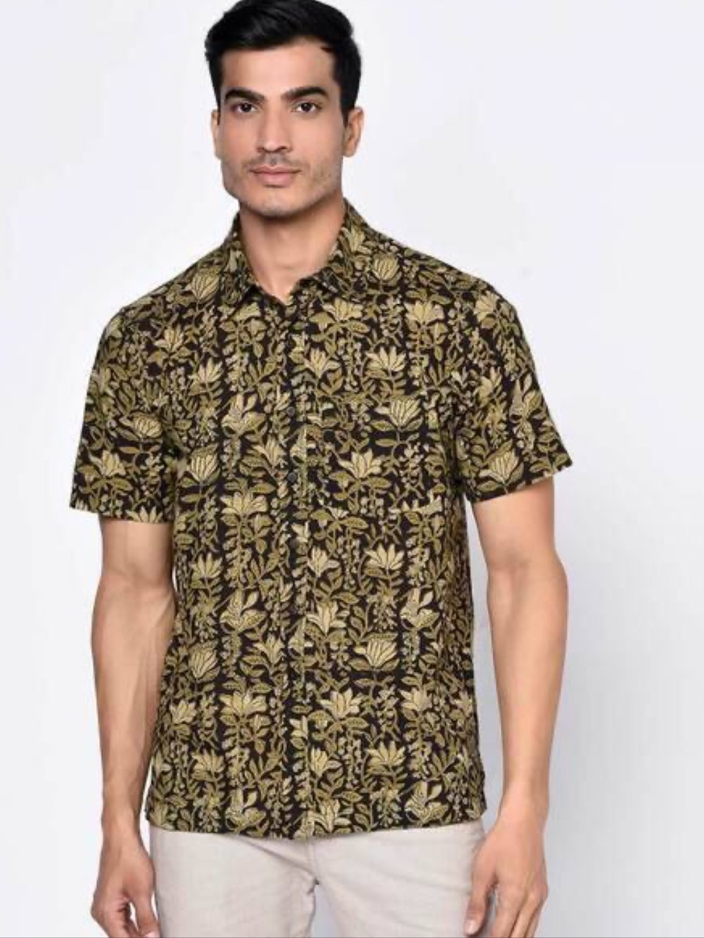 Fabindia Hand-Block Printed 100% Indian Cotton FLoral Brown Tone Bush Shirt M